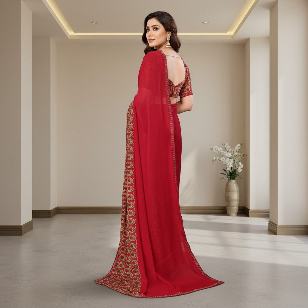 Shafusion red georgette saree with intricate printed border and matching unstitched blouse worn by a woman