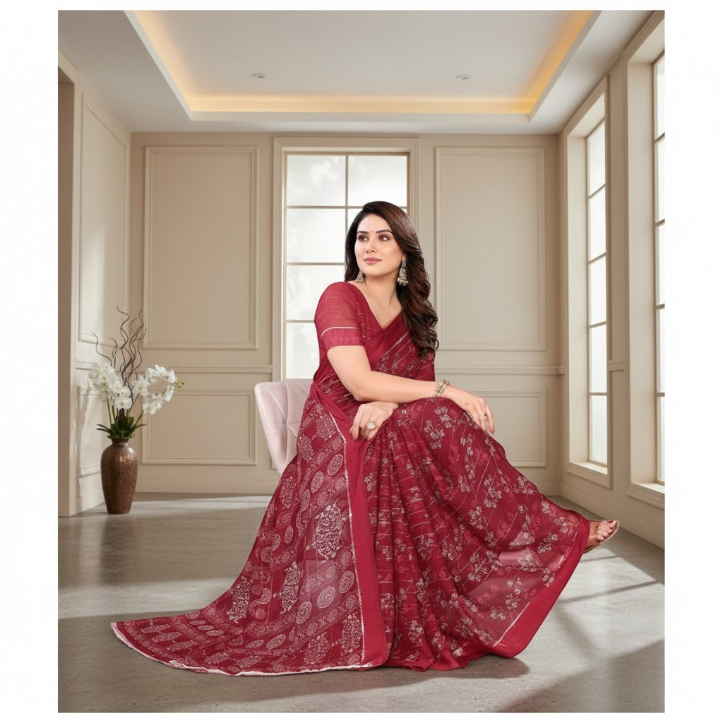 Shafusion red georgette printed saree with unstitched blouse worn by a woman sitting in a bright elegant room