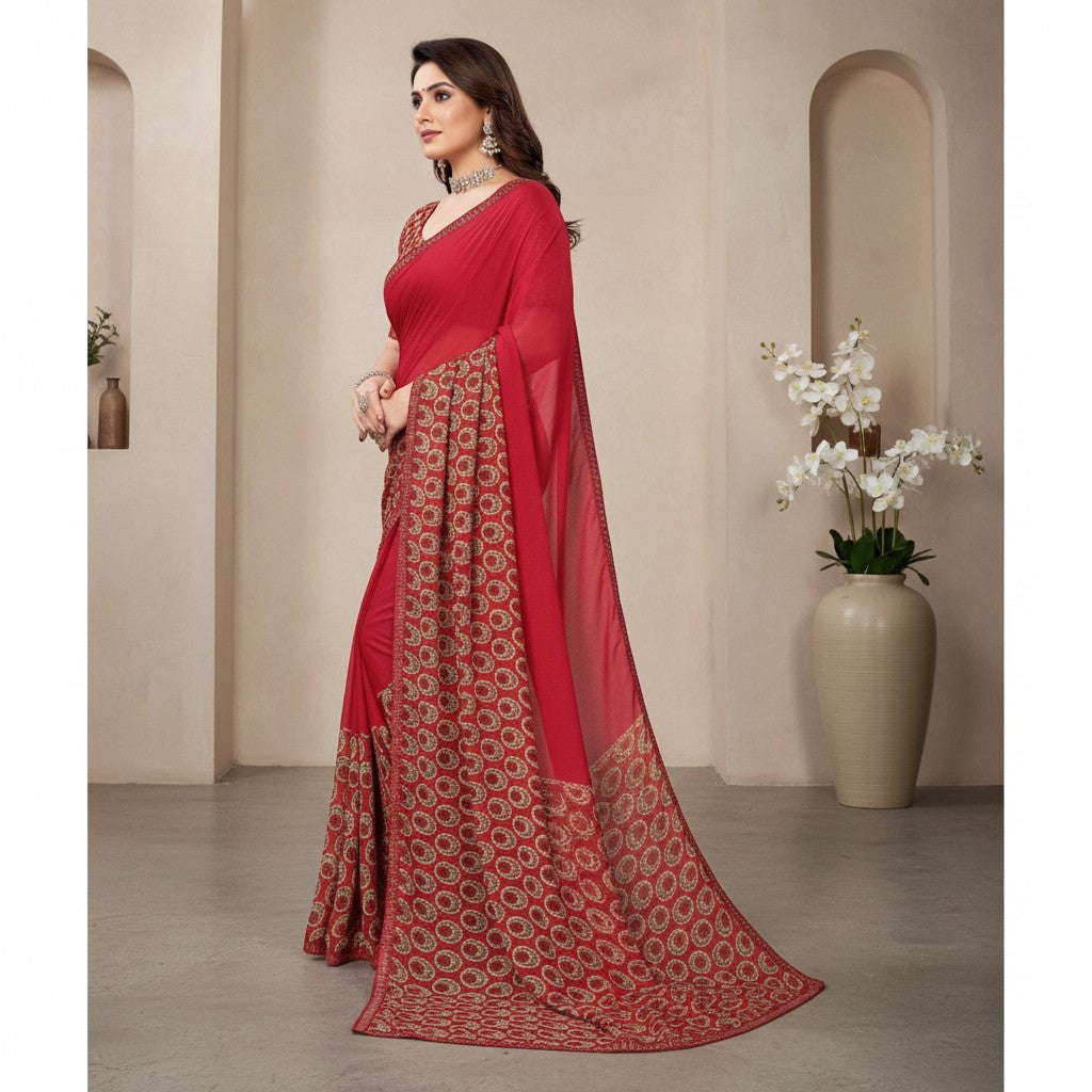 Shafusion red georgette saree with intricate circular print and unstitched blouse worn by a model