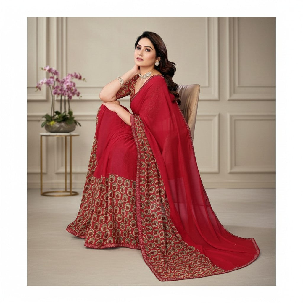 Shafusion red georgette saree with intricate printed border and unstitched blouse worn by a woman in a studio setting