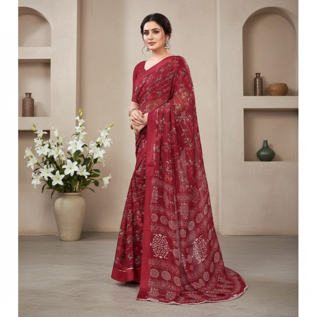 Shafusion red georgette saree with intricate white floral prints and unstitched blouse worn by a model