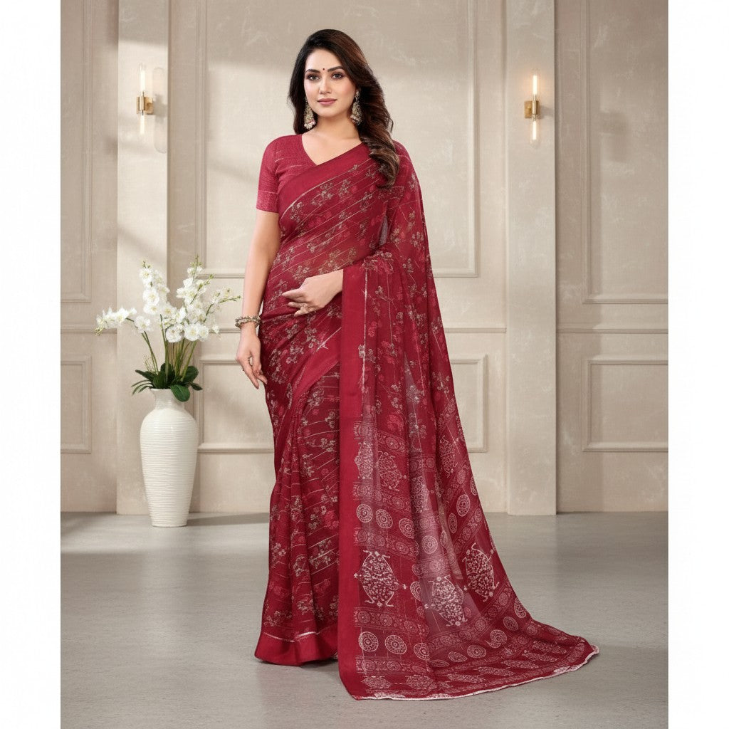 Shafusion red georgette saree with intricate white floral prints and matching unstitched blouse worn by a model