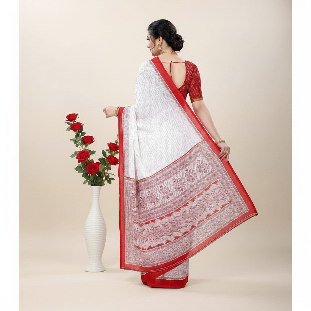 Shafusion red and white georgette printed saree with unstitched blouse worn by a woman in a studio setting