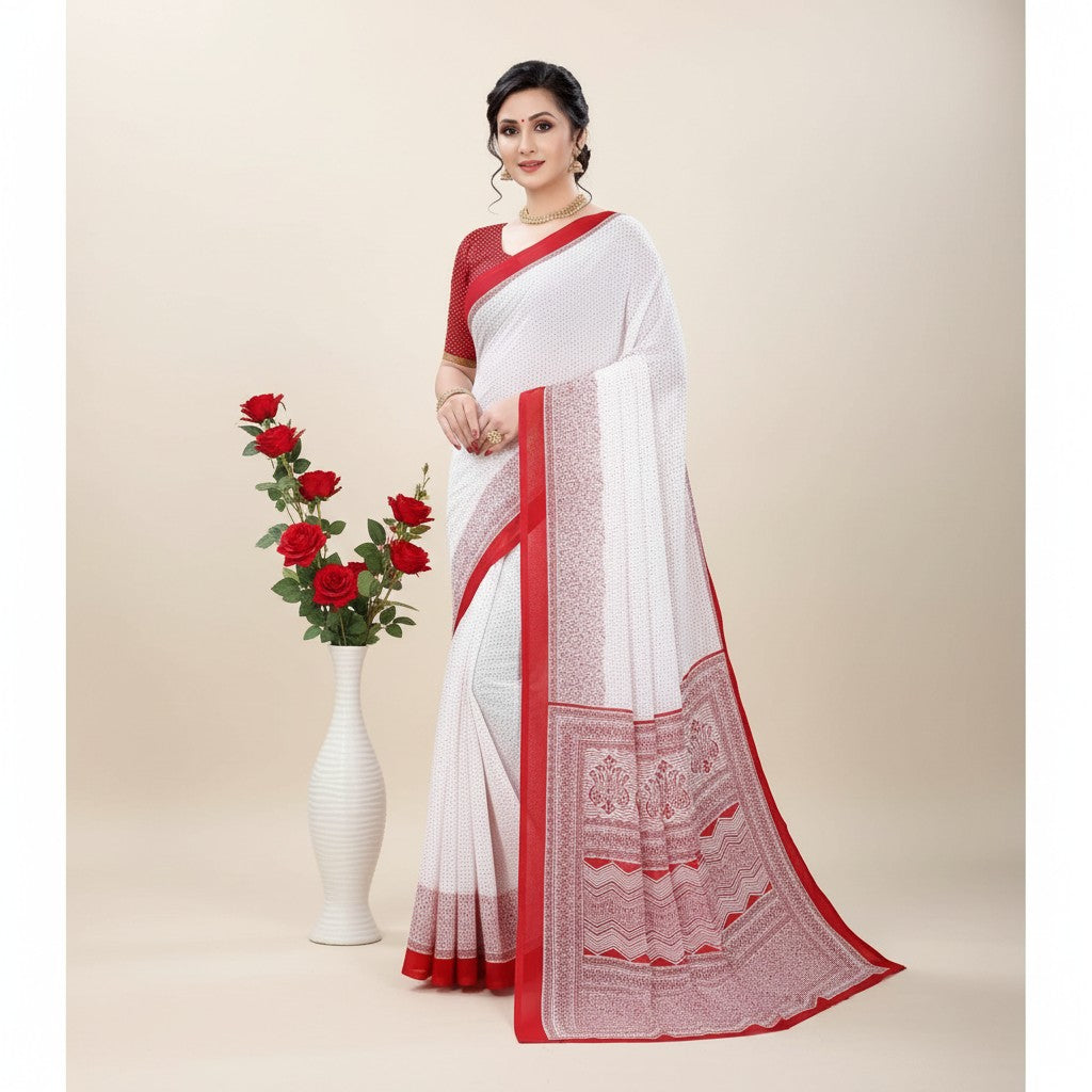 Shafusion red and white printed georgette saree with matching unstitched blouse worn by a model
