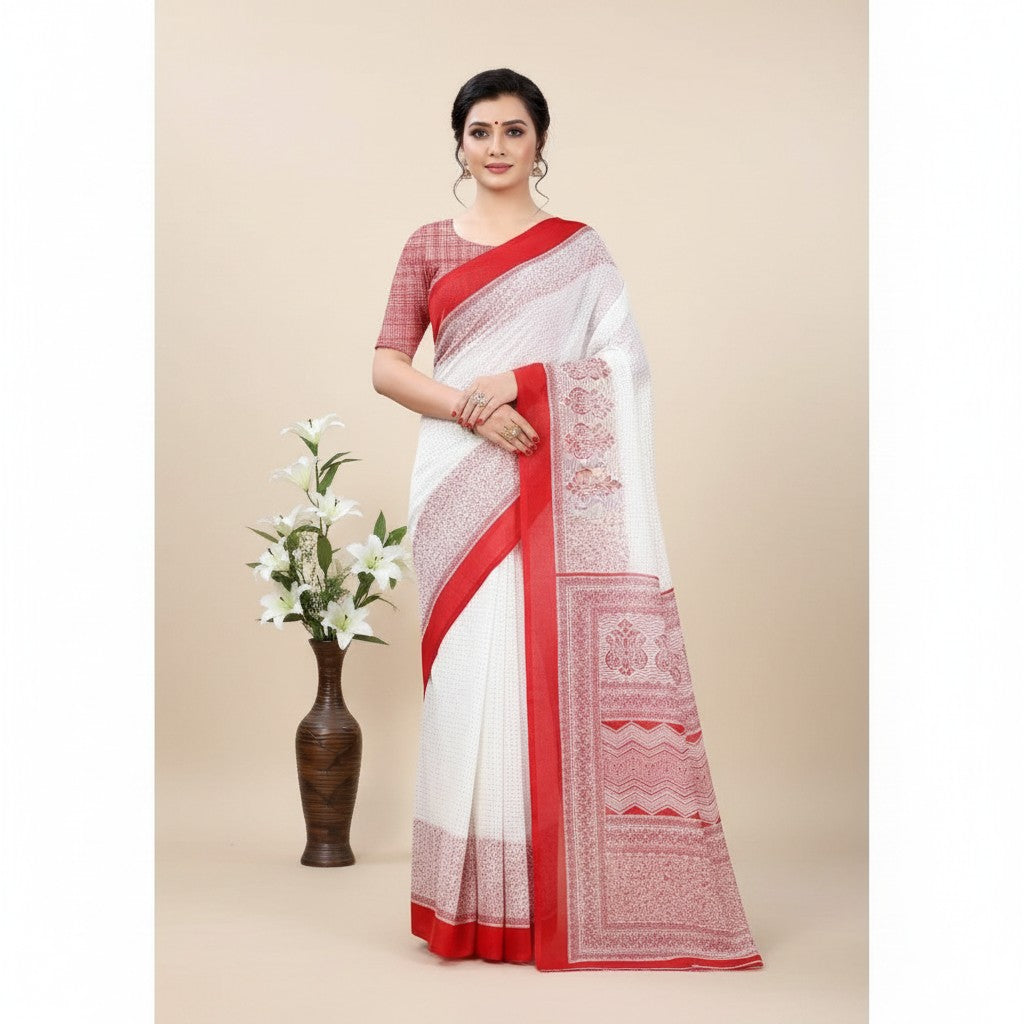 Shafusion red and white printed georgette saree with unstitched blouse worn by a model in a studio setting