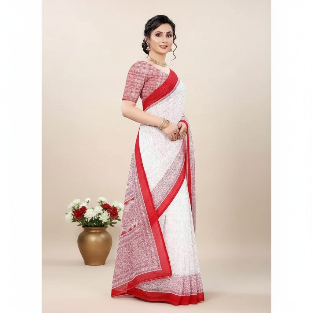 Shafusion red and white printed georgette saree with matching unstitched blouse worn by a model