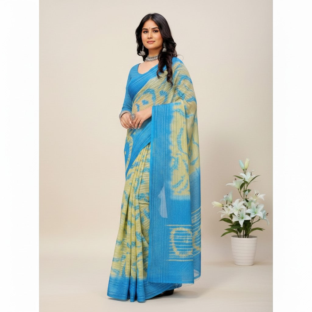 Shafusion skyblue and yellow georgette printed saree with unstitched blouse worn by a woman