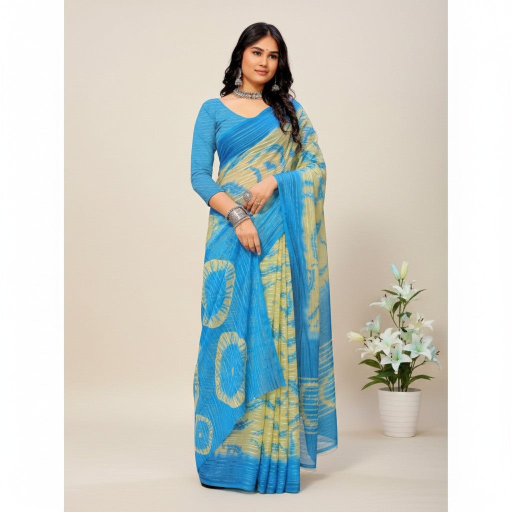 Shafusion skyblue georgette saree with printed pattern and unstitched blouse worn by a model with silver jewelry