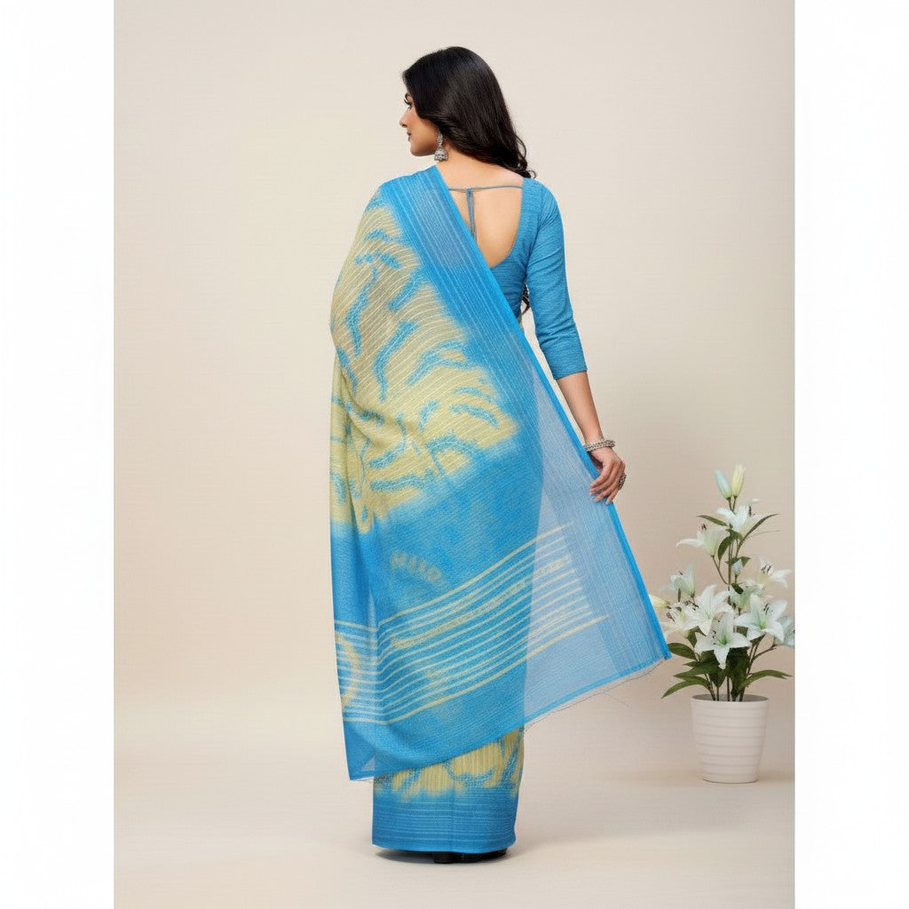 Shafusion skyblue georgette printed saree with unstitched blouse worn by a woman, back view