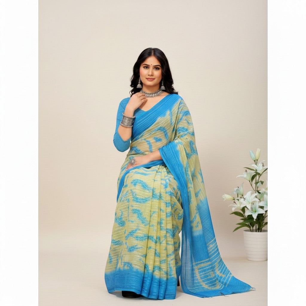 Shafusion skyblue and yellow printed georgette saree with unstitched blouse worn by a woman with silver jewelry