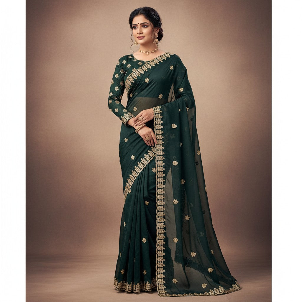 Shafusion teal georgette saree with intricate gold embroidery and matching unstitched blouse on a model