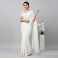 Shafusion white georgette plain saree worn by a model with matching blouse, elegant festive and casual attire