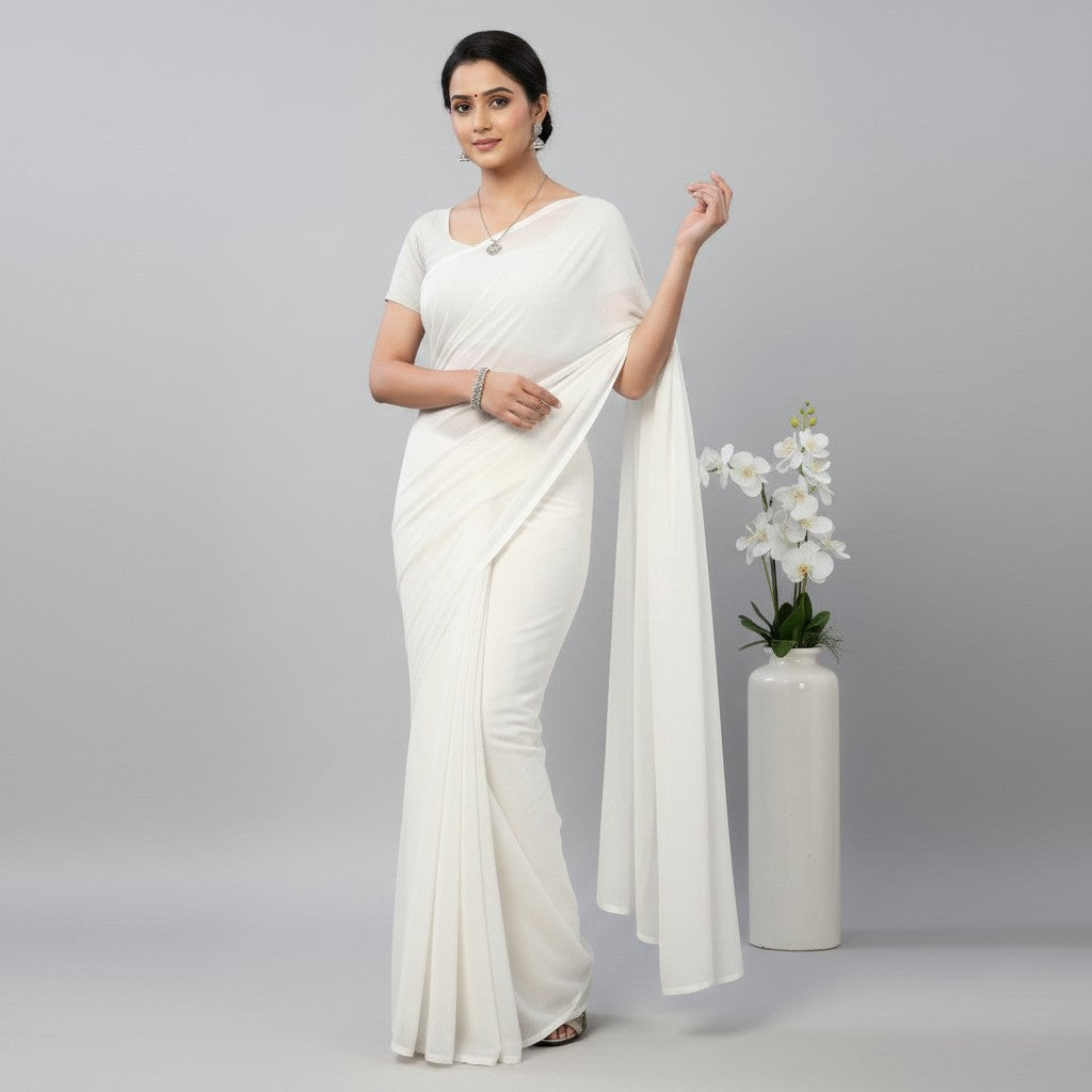 Shafusion white georgette plain saree worn by a model with matching blouse, elegant festive and casual attire