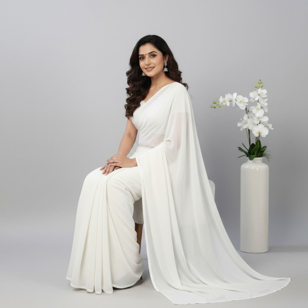 Shafusion white georgette plain saree worn by a woman sitting next to a white orchid vase