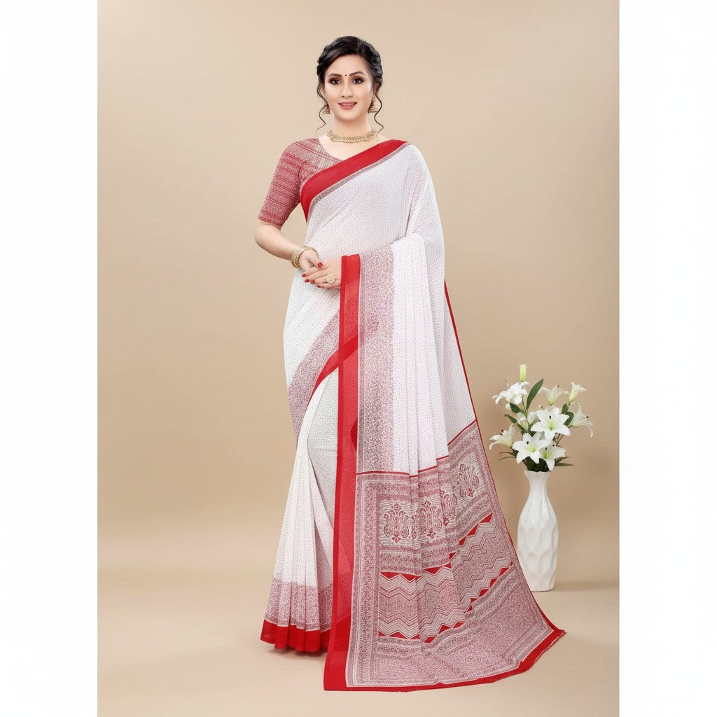 Shafusion white and red printed georgette saree with matching unstitched blouse worn by a model