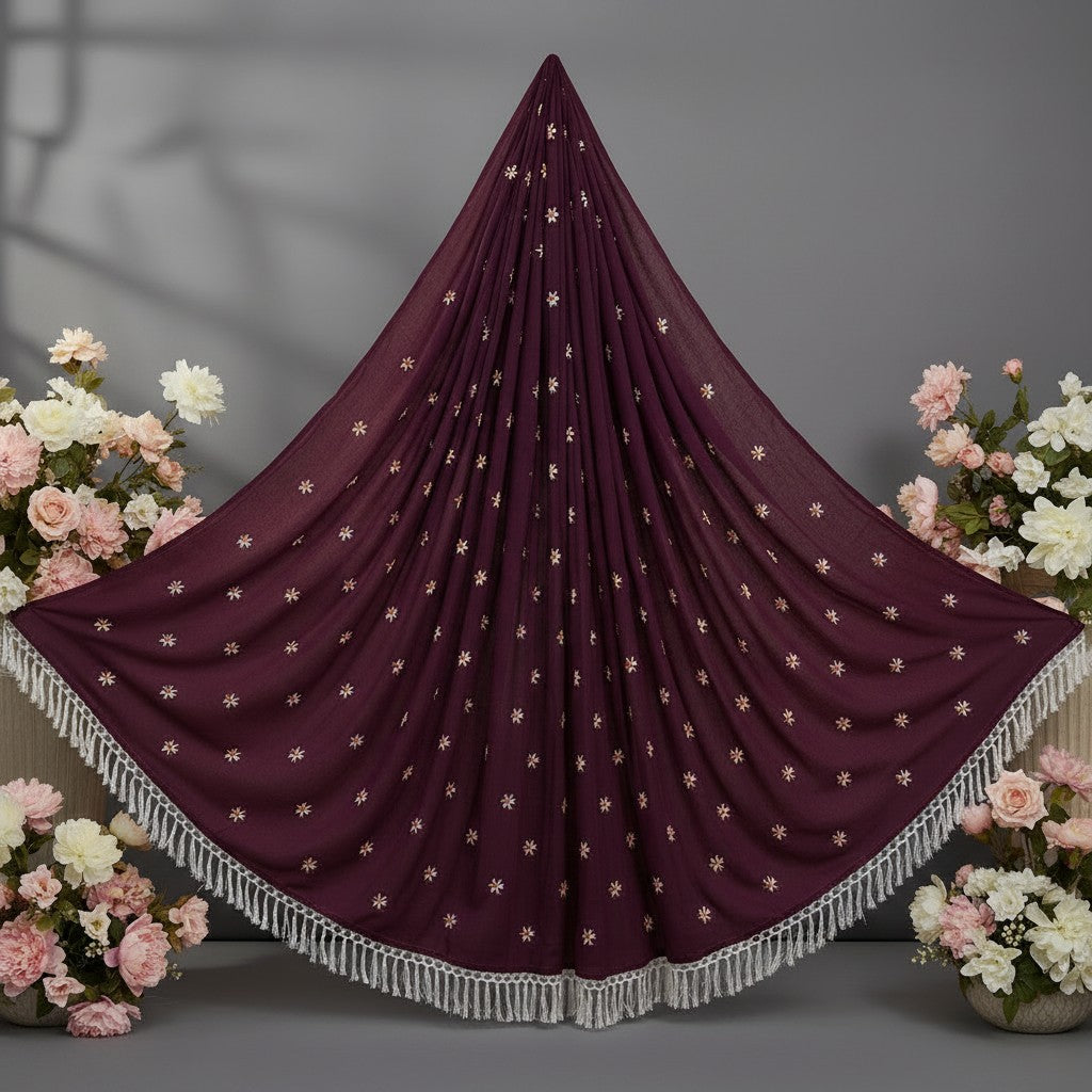 Shafusion wine georgette saree with delicate floral embellishments and a decorative white fringe border