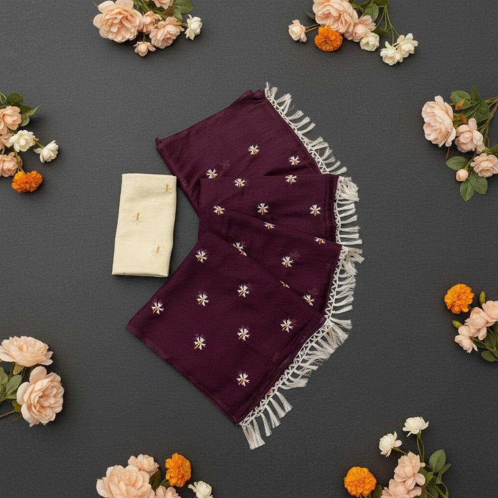 Shafusion wine georgette saree with floral embellishments and white fringe trim, paired with an unstitched cream blouse.