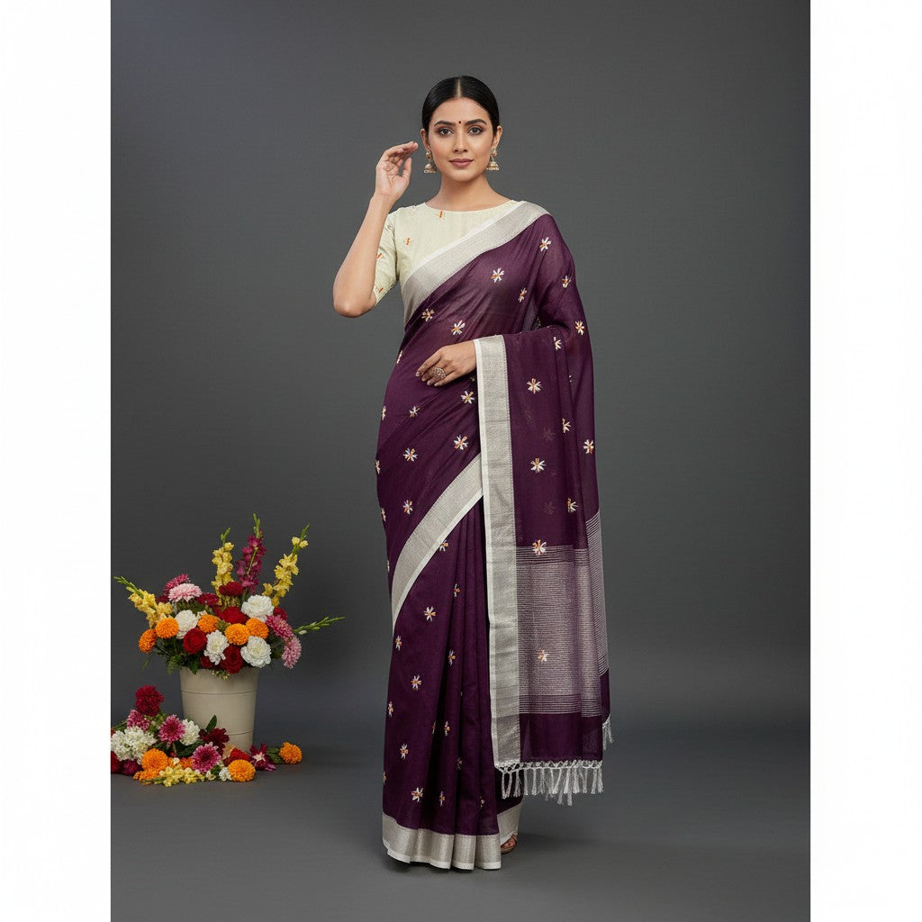 Shafusion wine georgette saree with silver border and floral embellishments worn by a model with a cream blouse