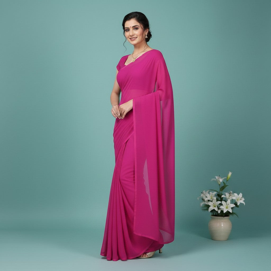 Shafusion wine georgette plain saree worn by a woman, featuring a matching blouse for casual and festive wear.