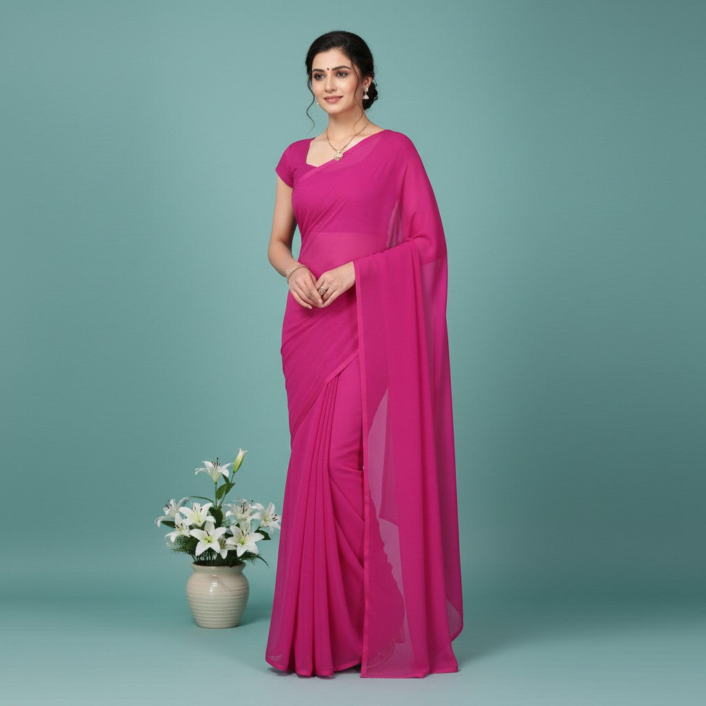 Shafusion wine georgette plain saree with matching blouse worn by a woman standing next to a vase of white lilies.