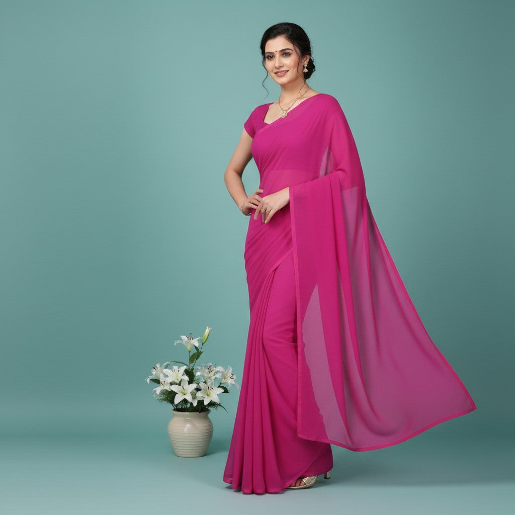 Shafusion wine georgette plain saree worn by a woman with a matching blouse, standing beside a vase of white lilies.