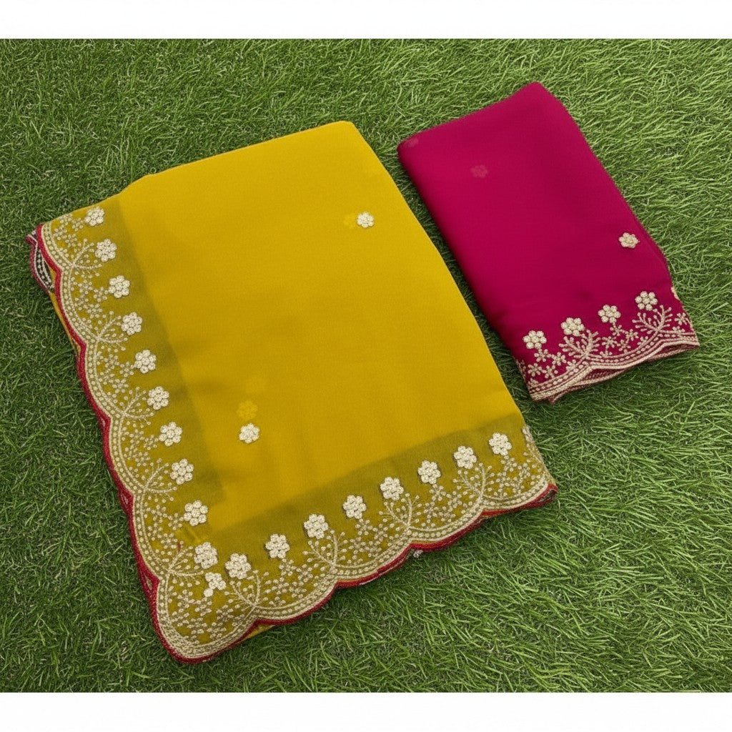 Shafusion yellow star georgette saree with intricate floral embroidery and a matching pink unstitched blouse piece.