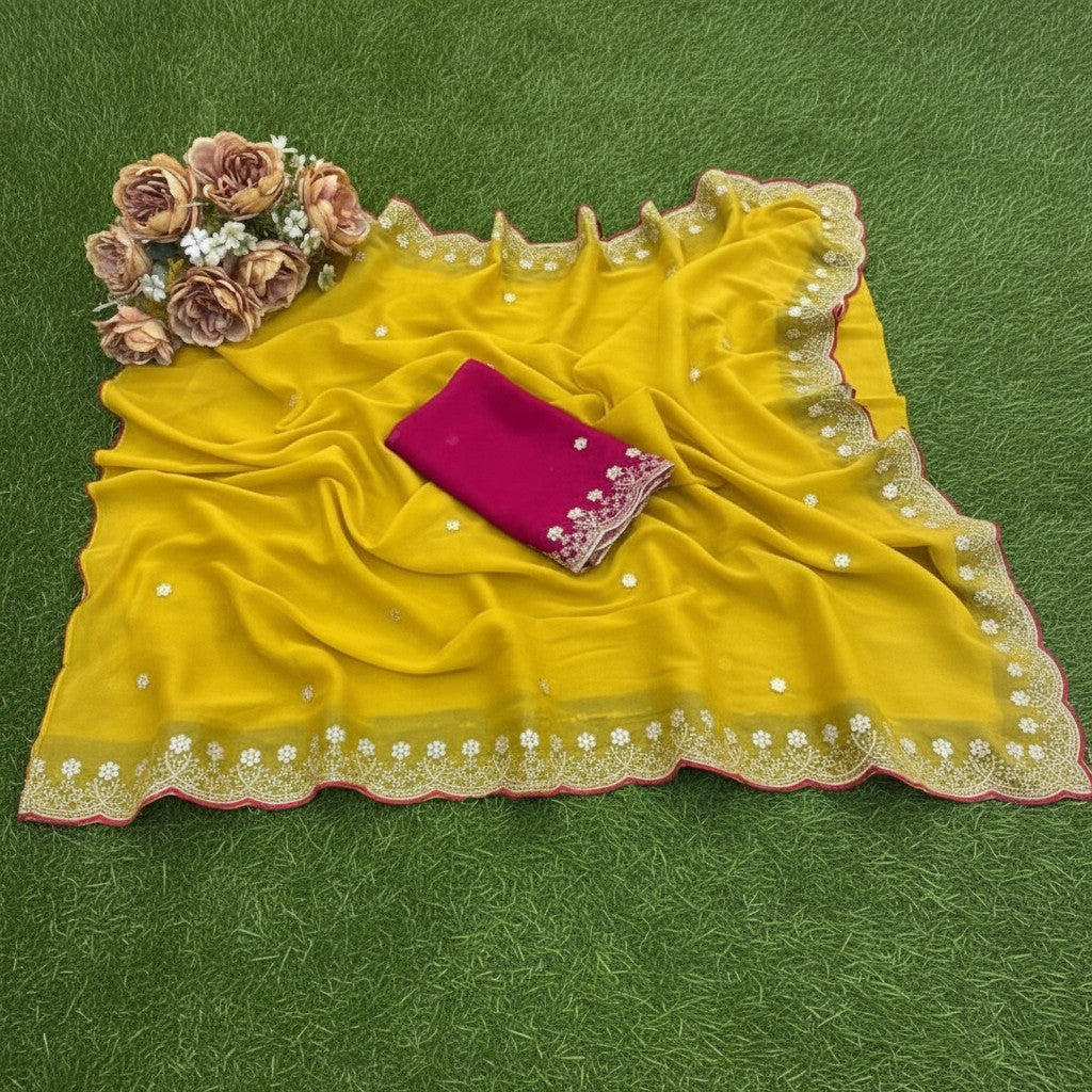 Shafusion yellow star georgette saree with intricate white embroidery and a contrasting magenta unstitched blouse