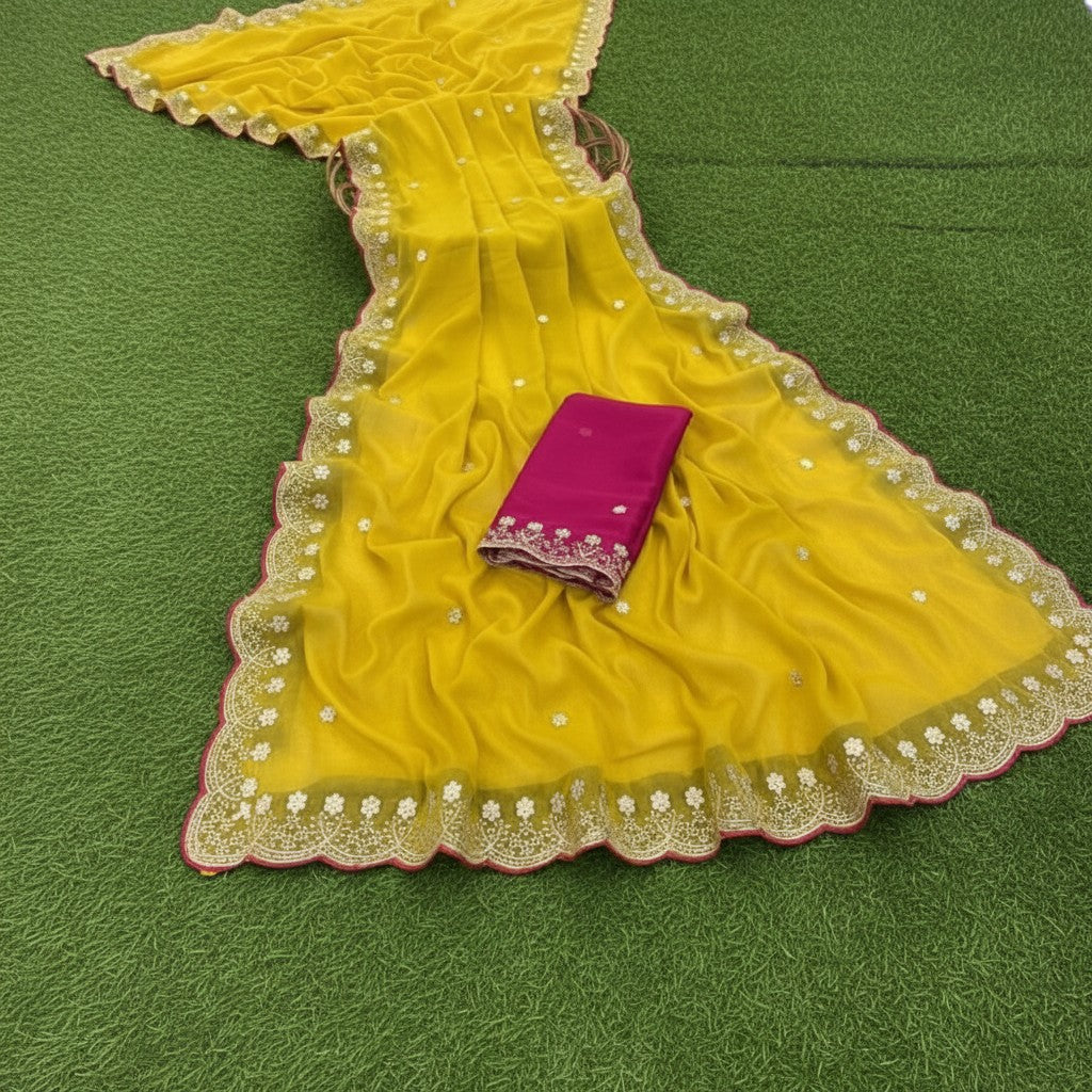 Shafusion yellow star georgette saree with intricate white embroidery and a contrasting magenta unstitched blouse piece
