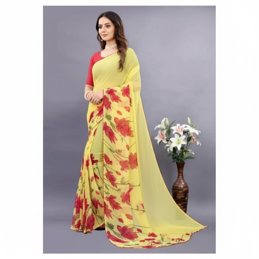 Shafusion yellow georgette saree with red floral print worn by a model with a red blouse against a grey background