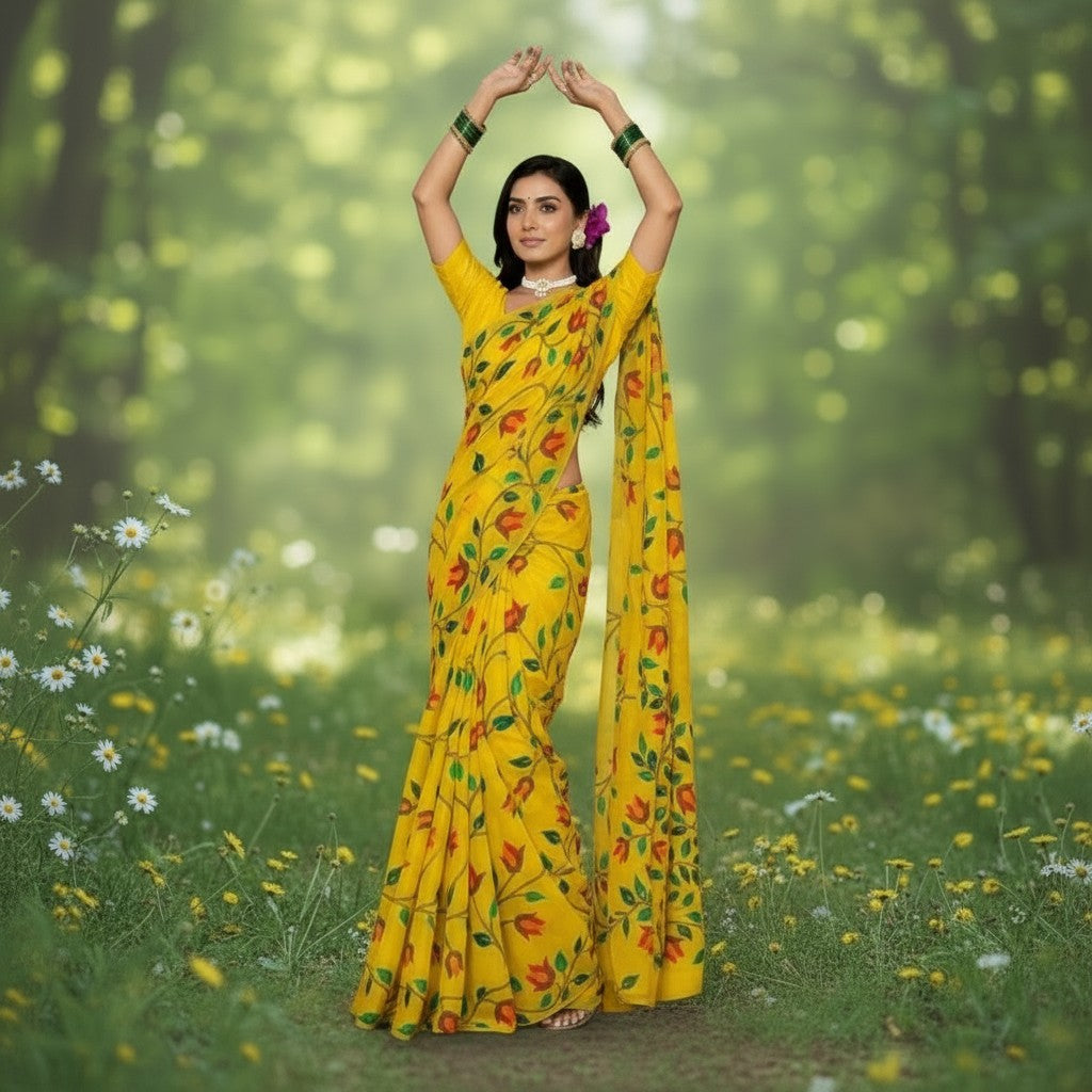Shafusion yellow georgette saree with floral print worn by a woman in a sunlit forest meadow