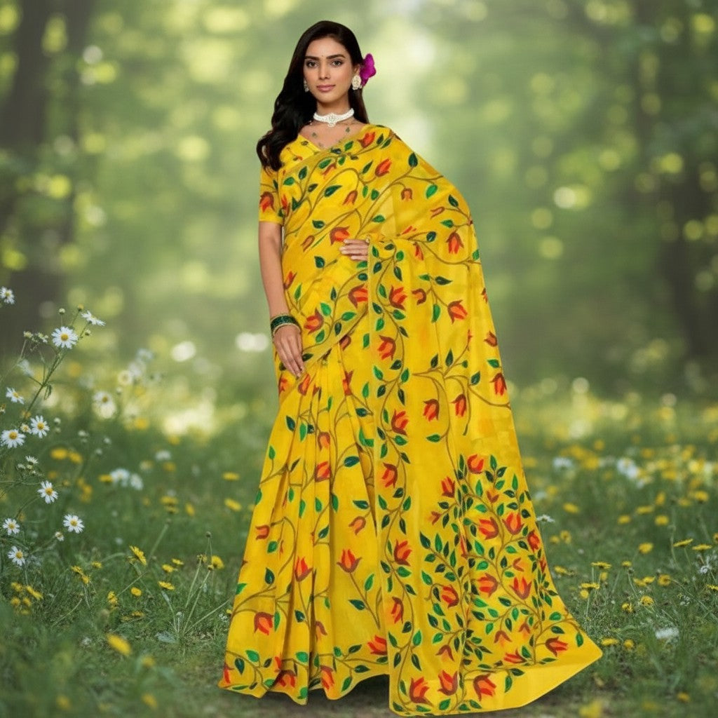 Shafusion yellow georgette saree with vibrant floral print worn by a model in a sunlit garden setting