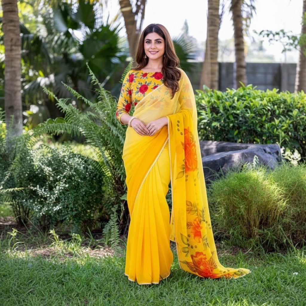 Shafusion yellow georgette saree with floral print and matching unstitched blouse worn by a woman in a garden