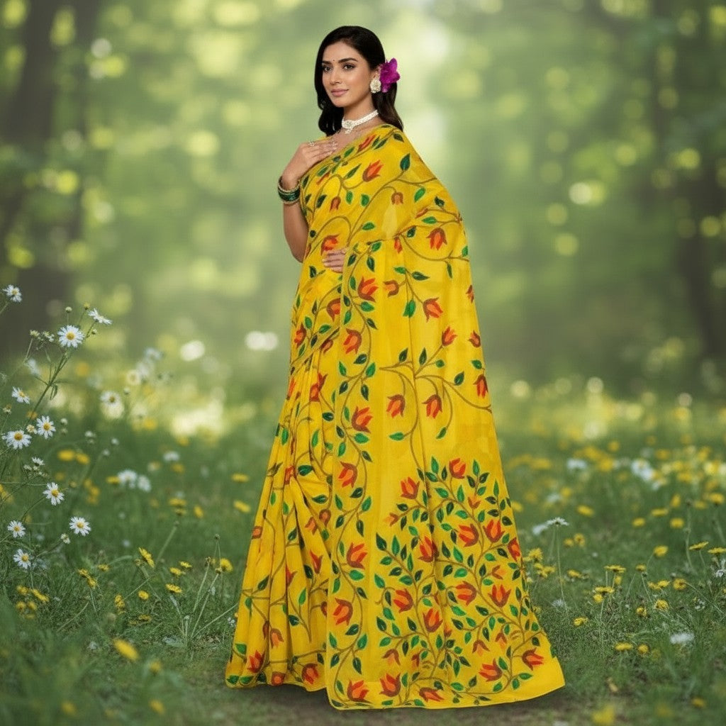 Shafusion yellow georgette saree with red and green floral print worn by a woman in a sunny garden setting